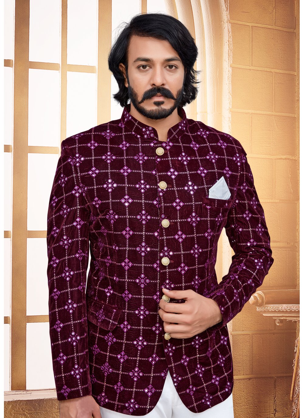 Jodhpuri Suit Velvet Purple Embroidered Mens