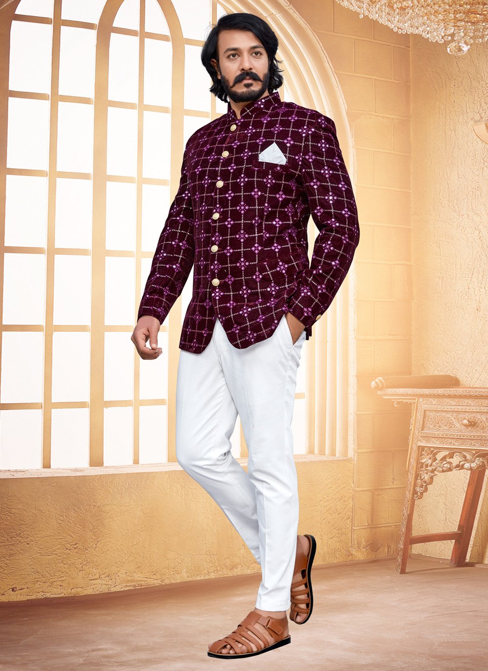 Jodhpuri Suit Velvet Purple Embroidered Mens