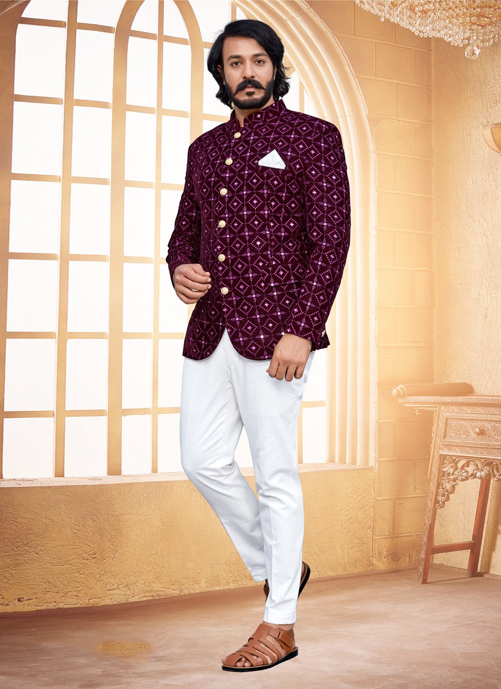 Jodhpuri Suit Velvet Purple Embroidered Mens