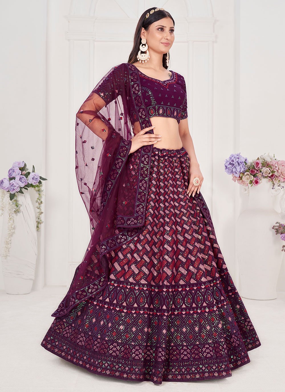 Lehenga Choli Georgette Purple Embroidered Lehenga Choli