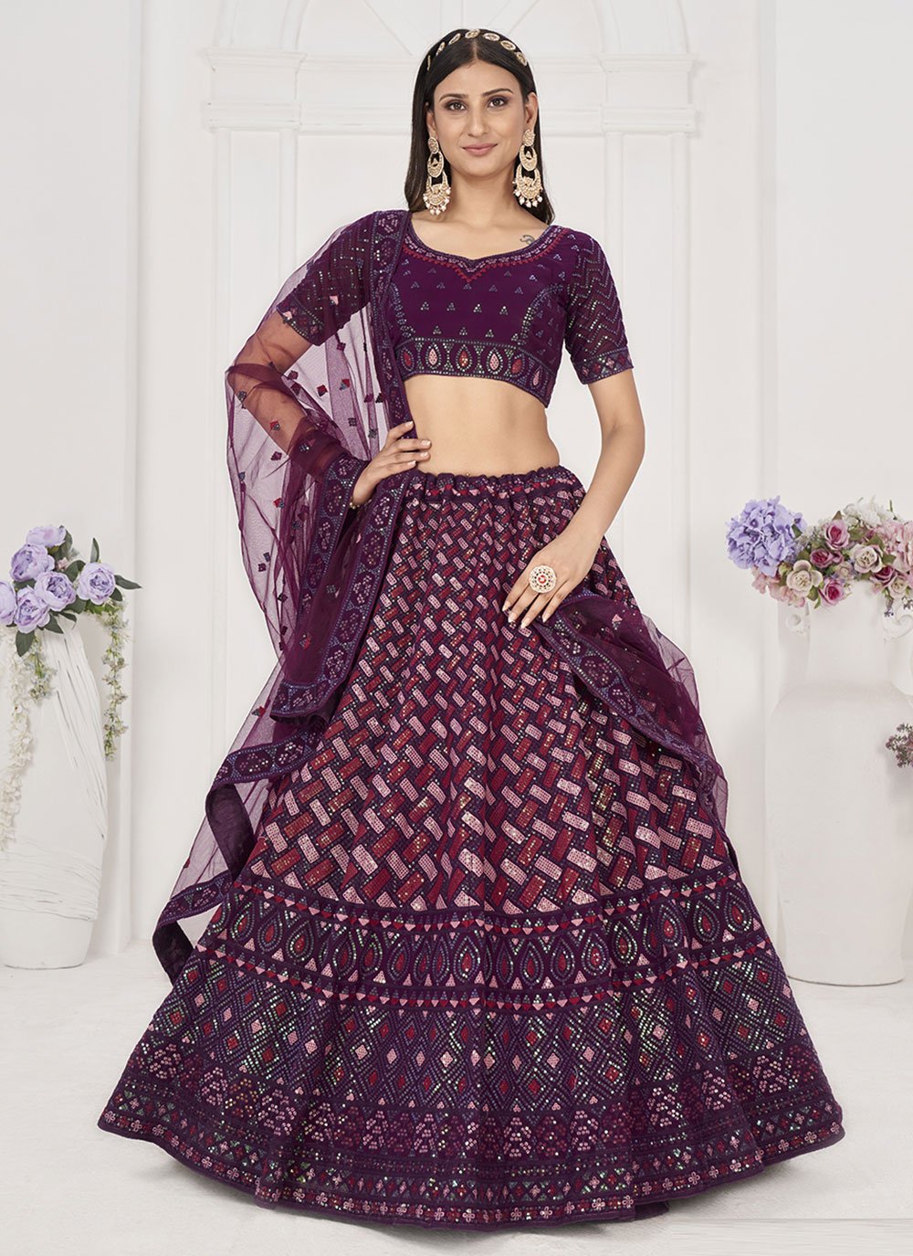 Lehenga Choli Georgette Purple Embroidered Lehenga Choli