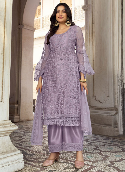 Floor Lenght Salwar Suit Net Purple Embroidered Salwar Kameez