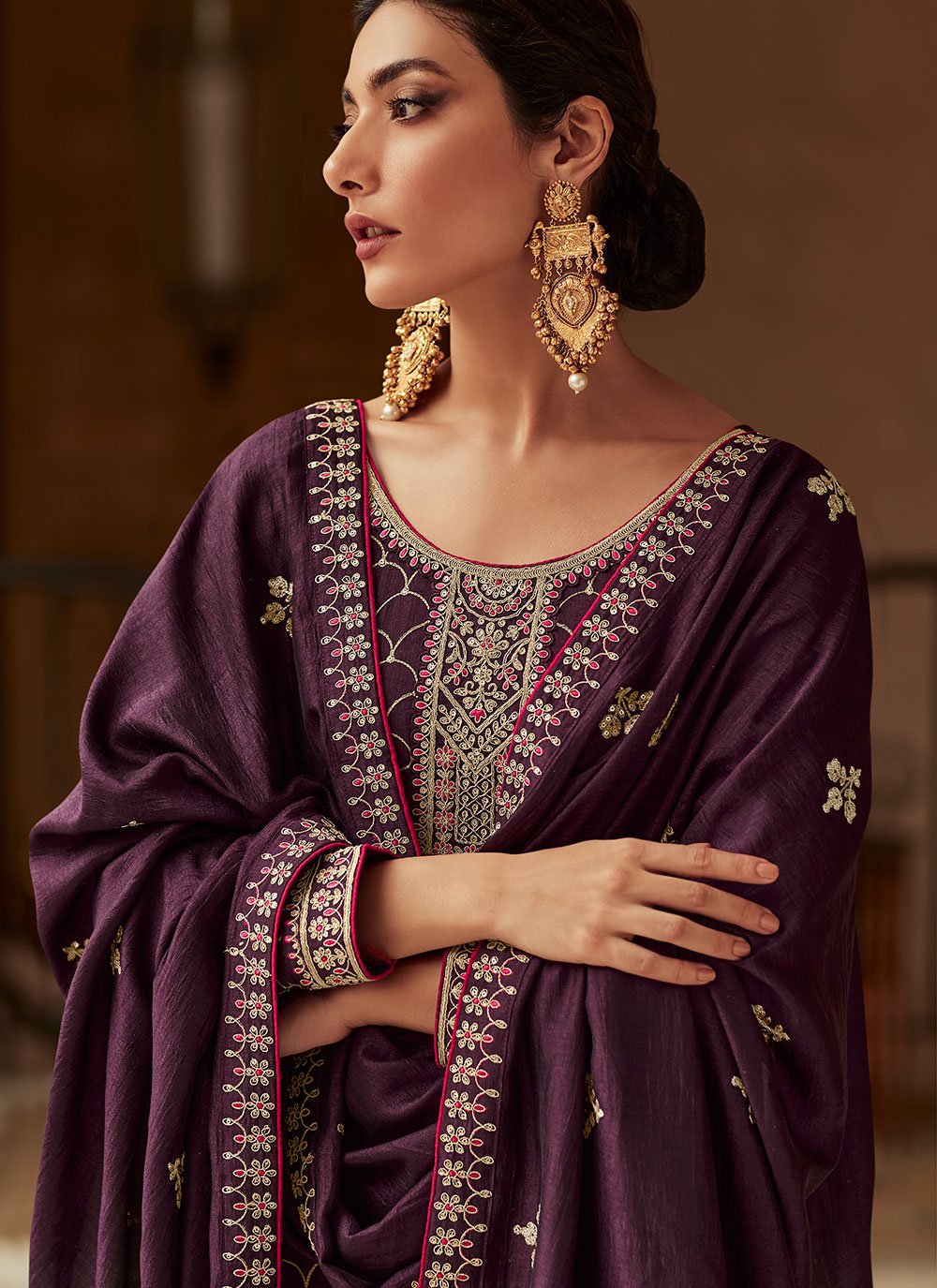 Floor Lenght Salwar Suit Silk Purple Embroidered Salwar Kameez