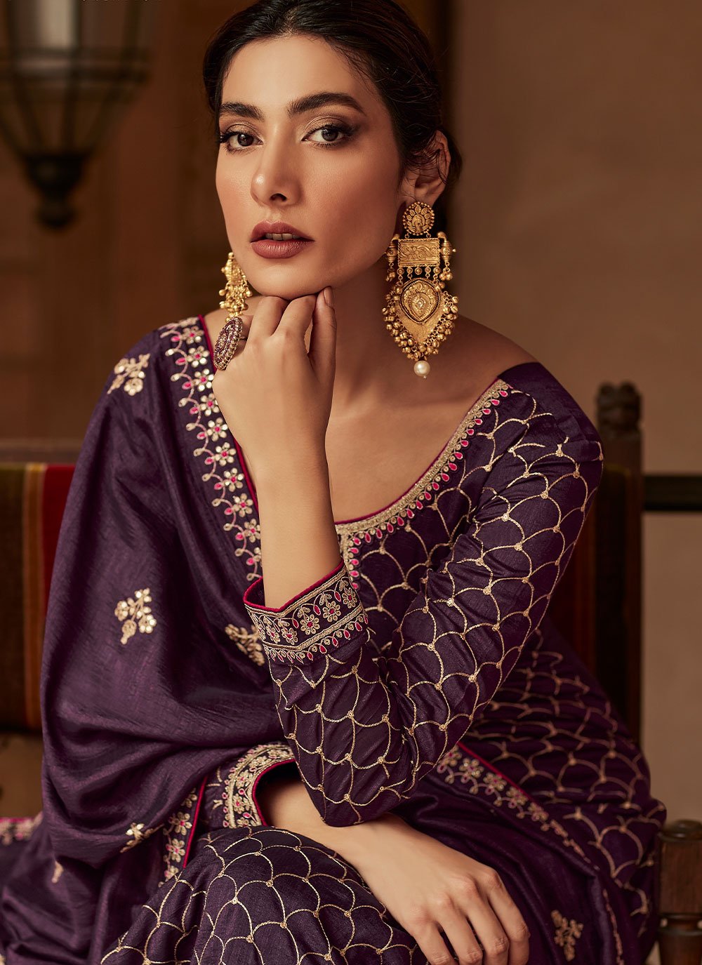 Floor Lenght Salwar Suit Silk Purple Embroidered Salwar Kameez