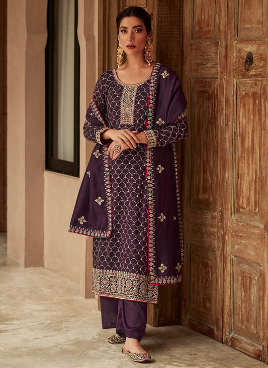 Floor Lenght Salwar Suit Silk Purple Embroidered Salwar Kameez