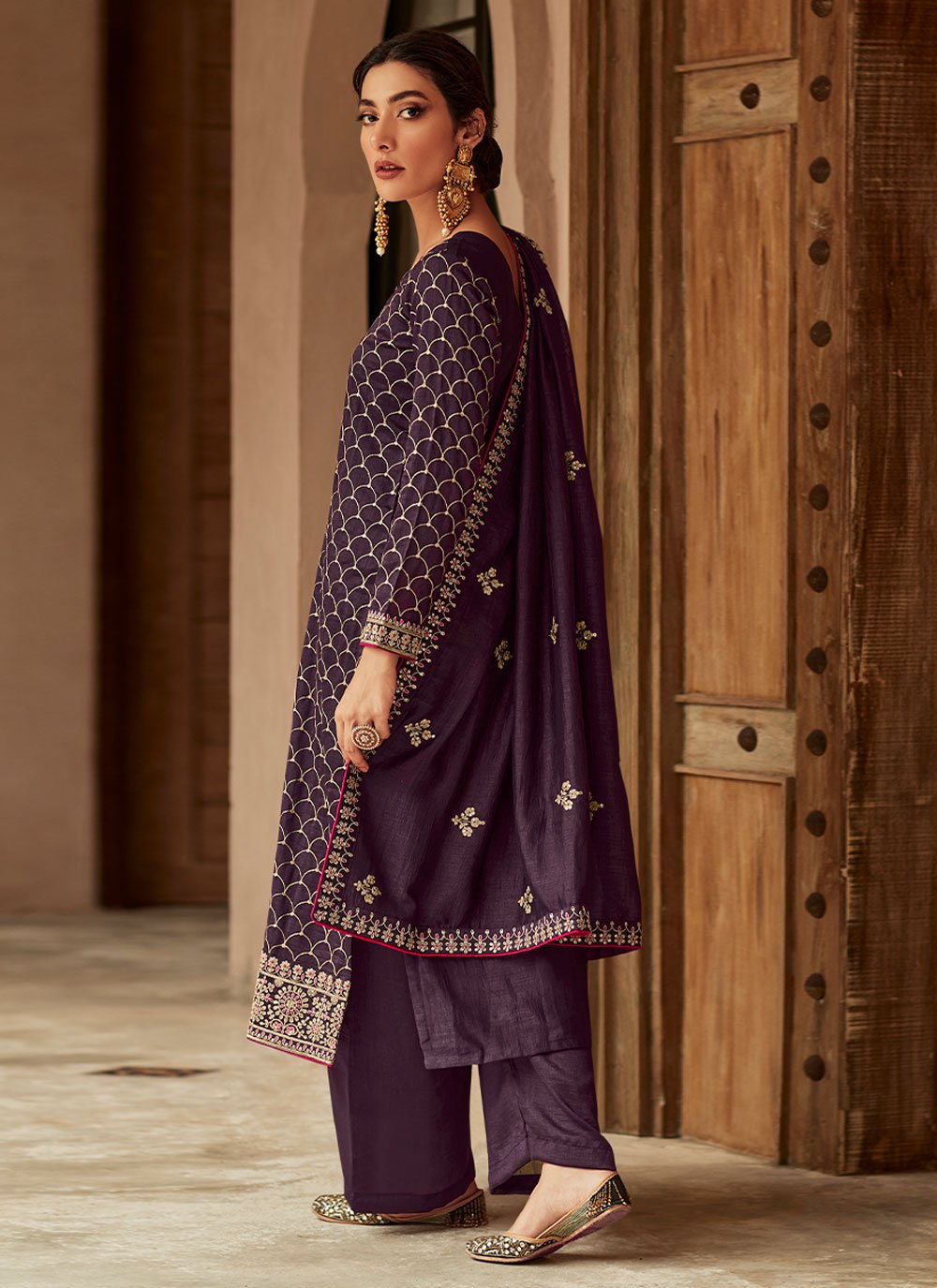 Floor Lenght Salwar Suit Silk Purple Embroidered Salwar Kameez