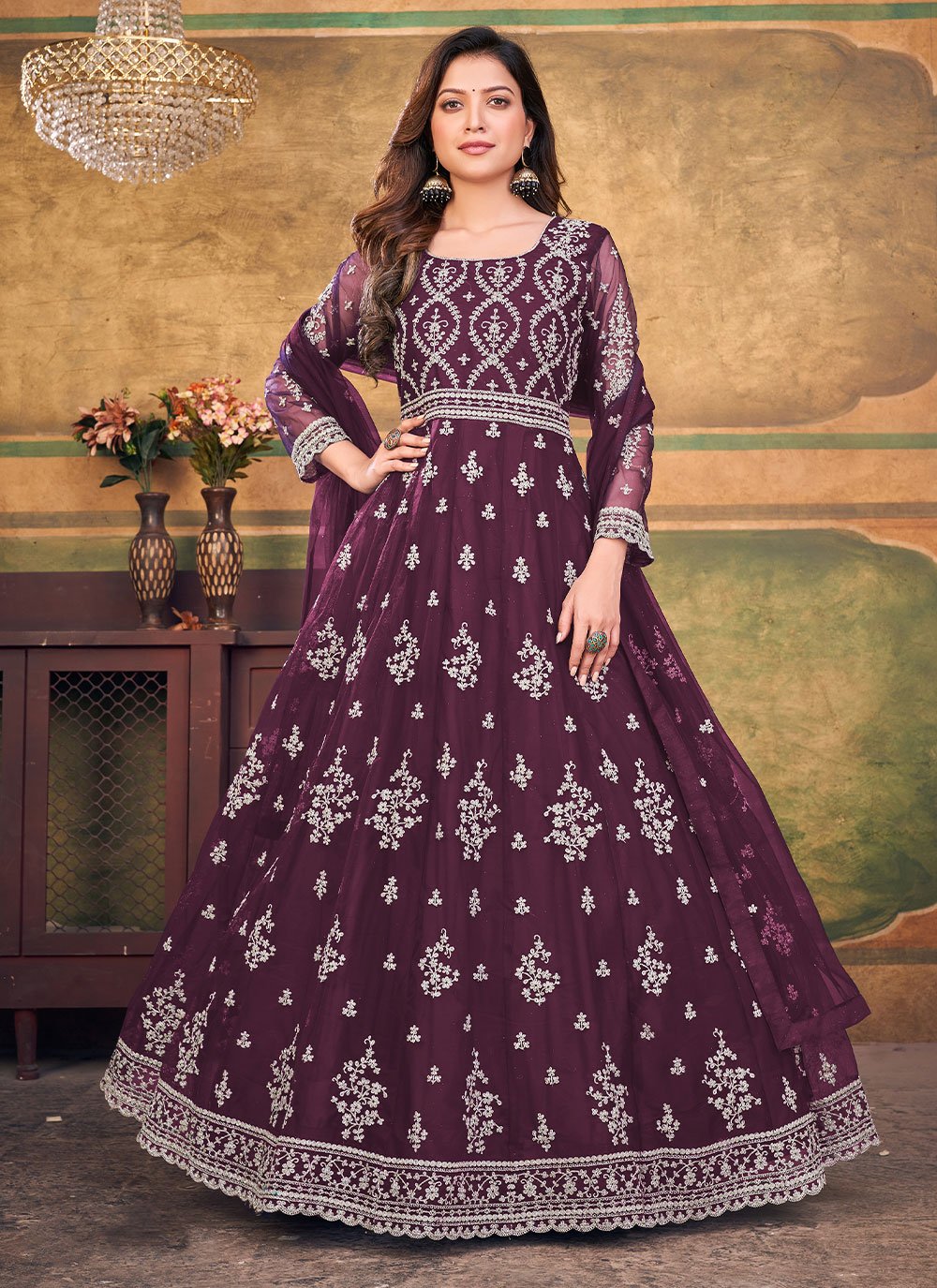 Salwar Suit Net Purple Embroidered Salwar Kameez