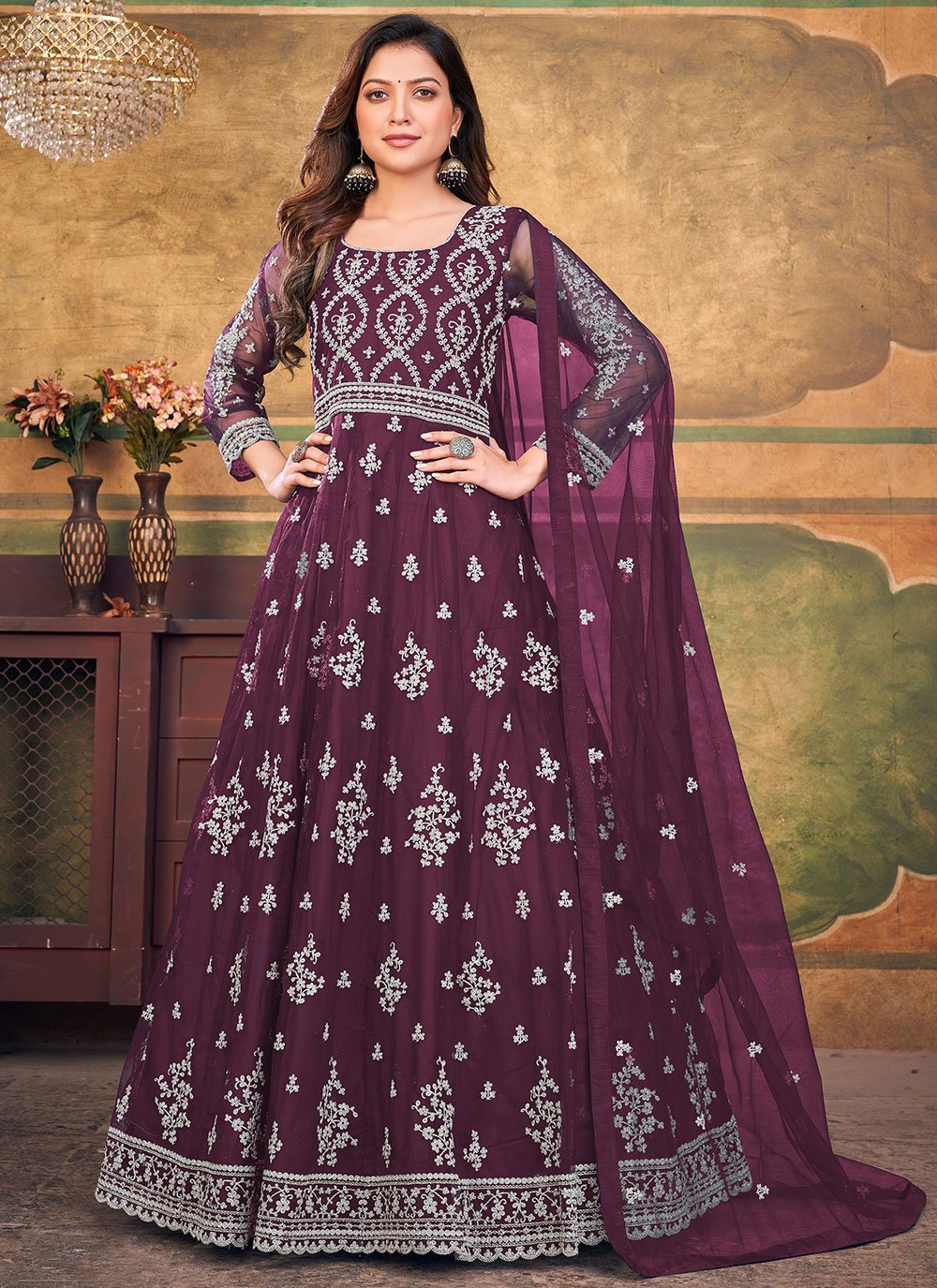 Salwar Suit Net Purple Embroidered Salwar Kameez