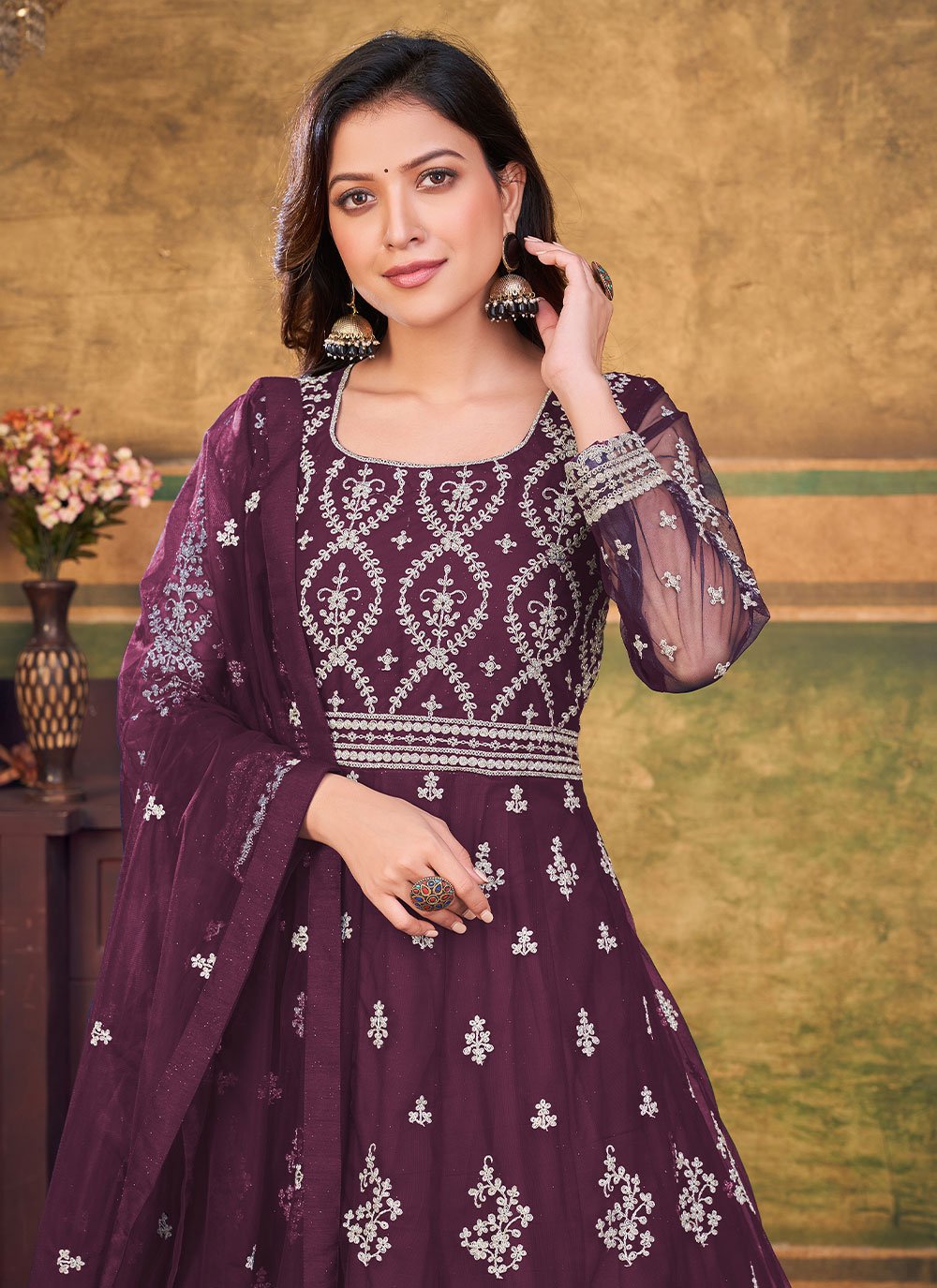 Salwar Suit Net Purple Embroidered Salwar Kameez