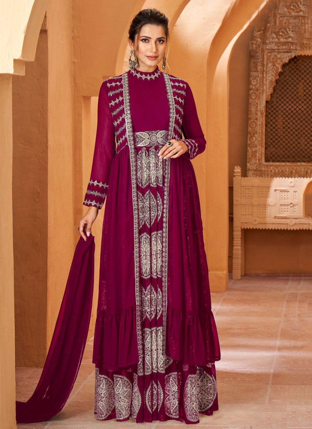 Gown Georgette Purple Embroidered Gown