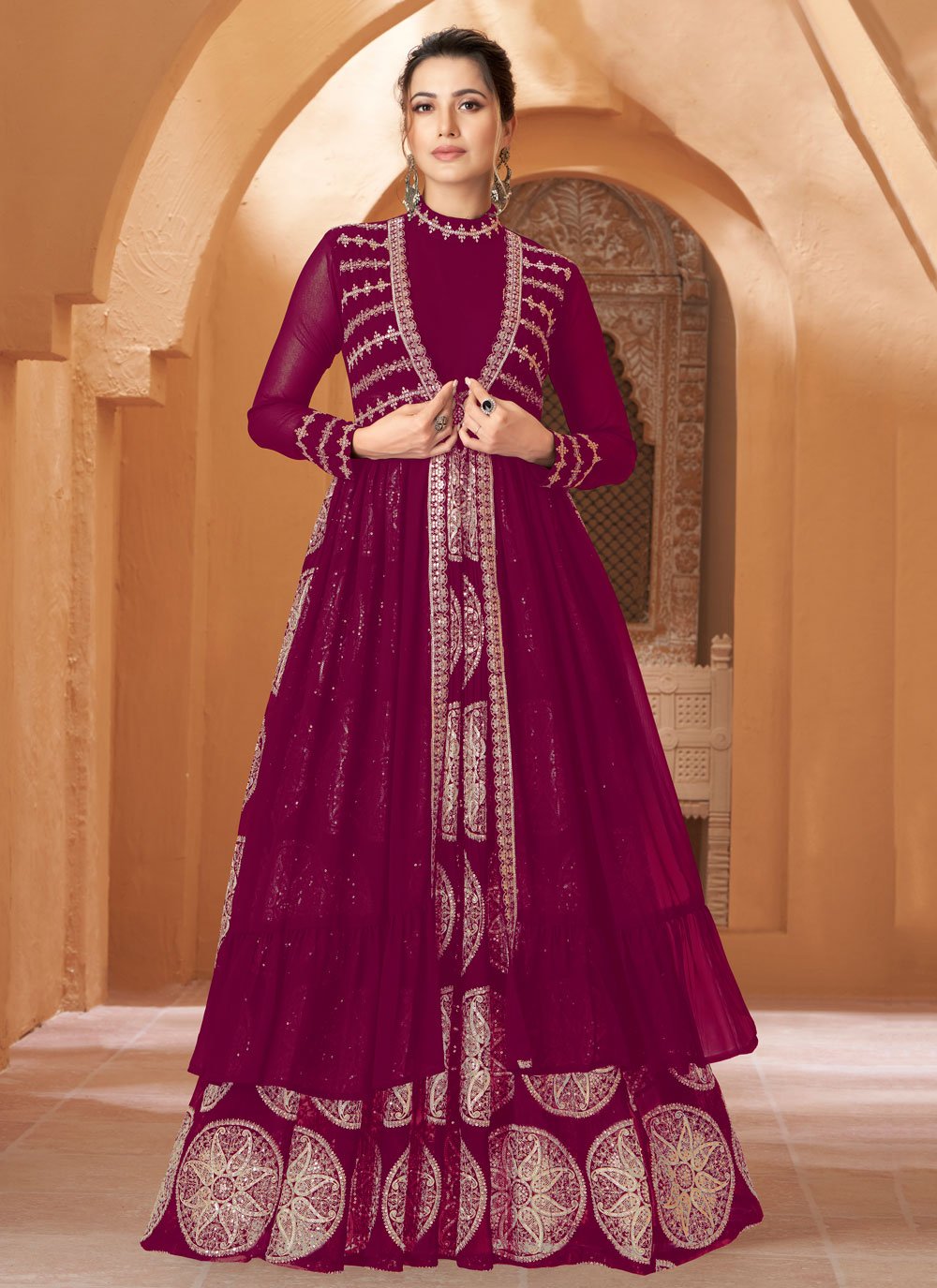 Gown Georgette Purple Embroidered Gown