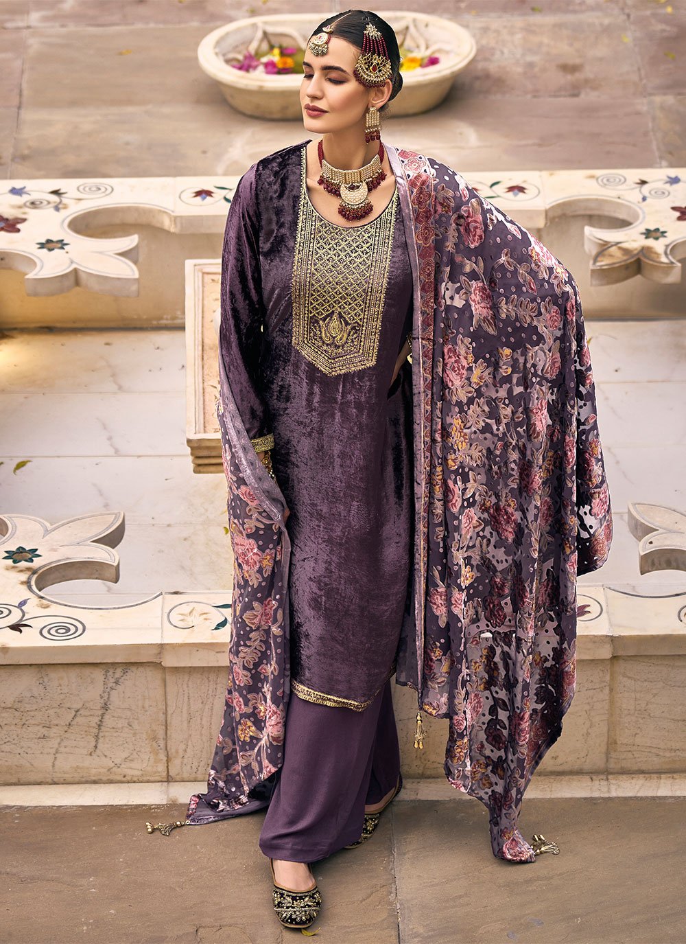 Salwar Suit Velvet Purple Embroidered Salwar Kameez