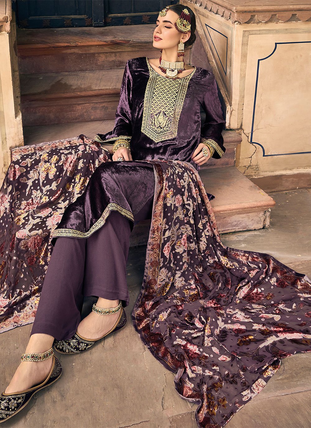 Salwar Suit Velvet Purple Embroidered Salwar Kameez