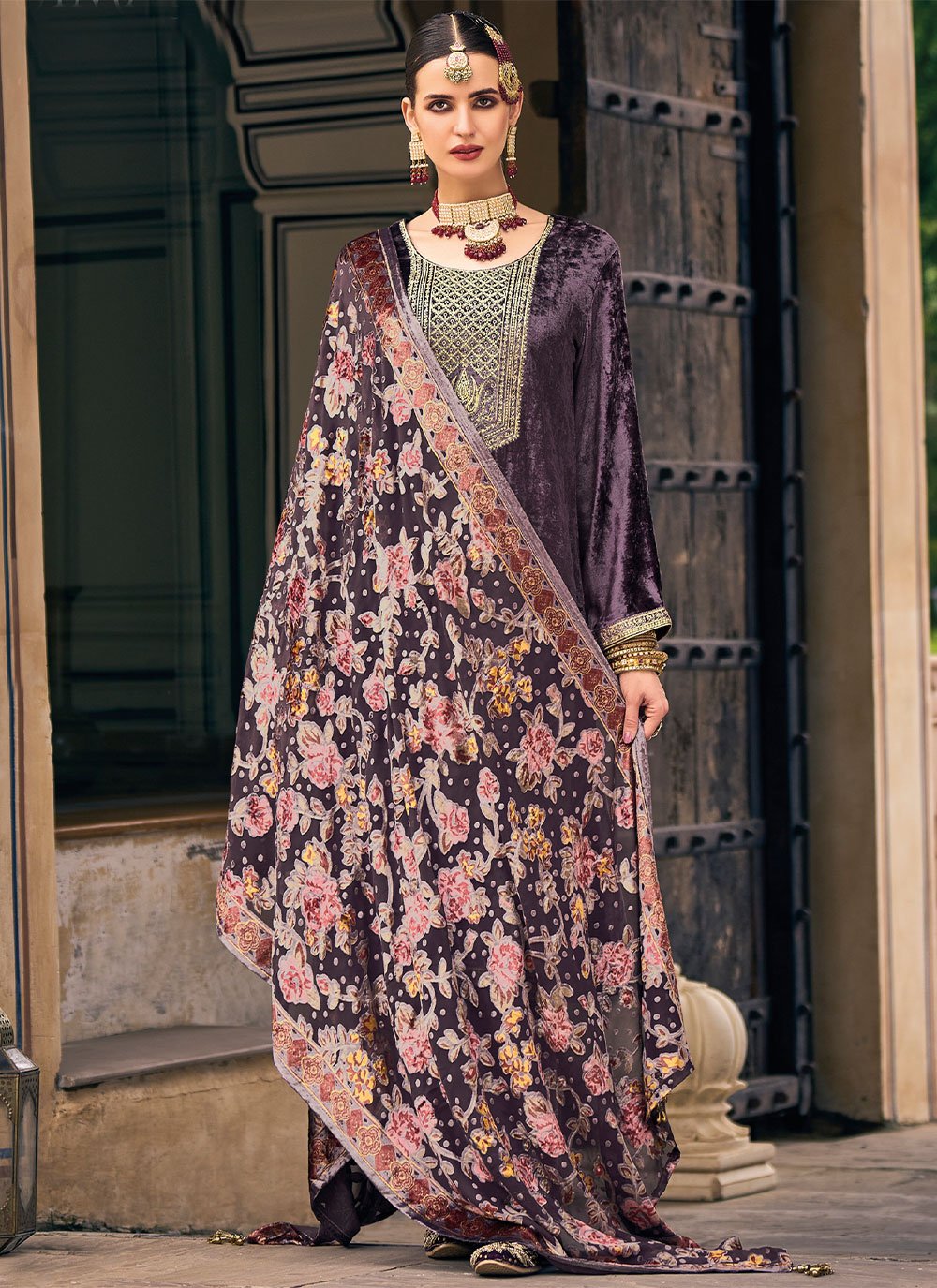 Salwar Suit Velvet Purple Embroidered Salwar Kameez