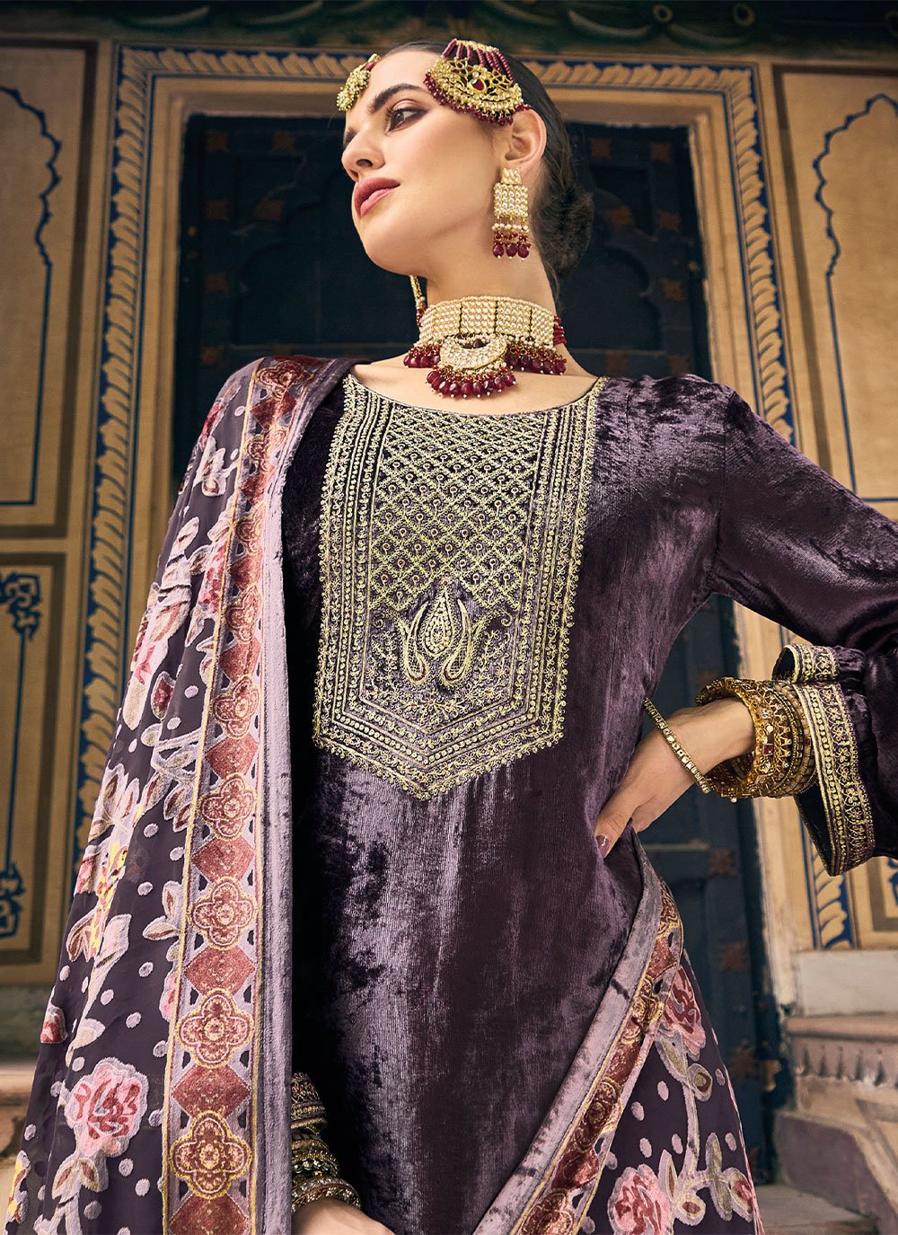 Salwar Suit Velvet Purple Embroidered Salwar Kameez