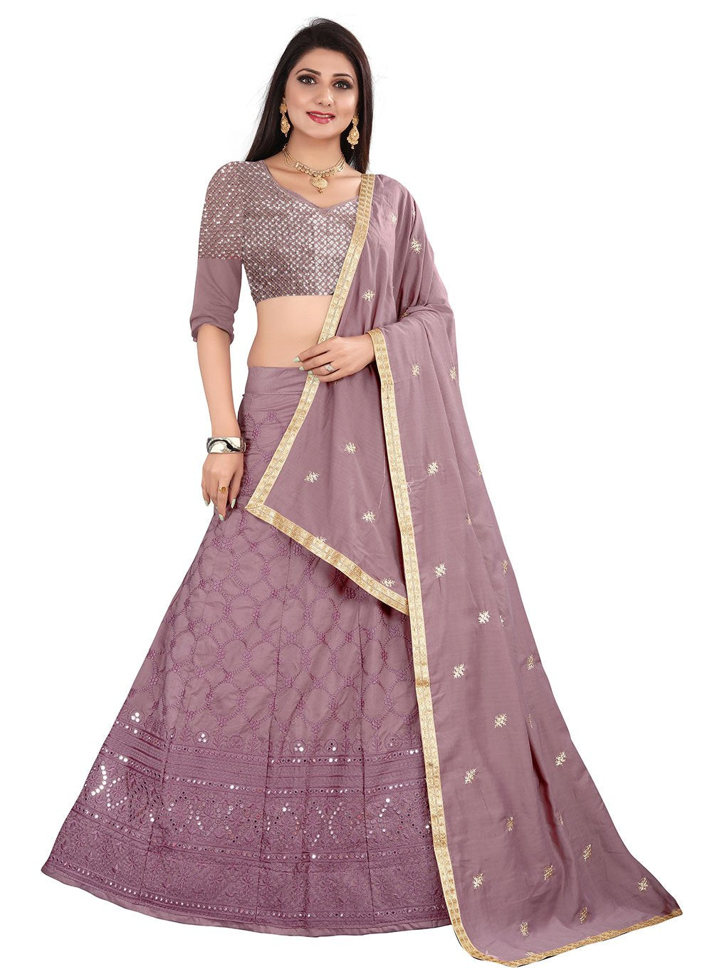 Lehenga Choli Satin Purple Embroidered Lehenga Choli