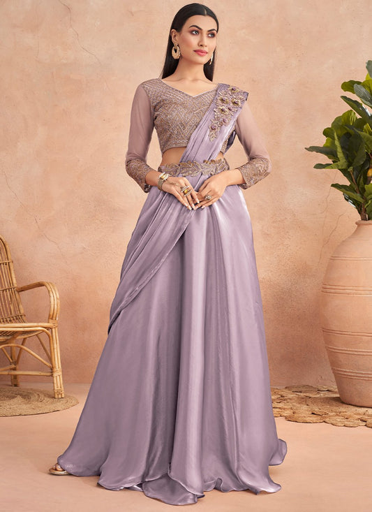Lehenga Style Saree Silk Purple Embroidered Saree