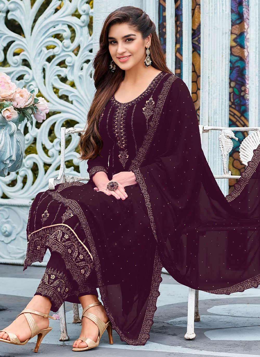 Salwar Suit Faux Georgette Purple Embroidered Salwar Kameez