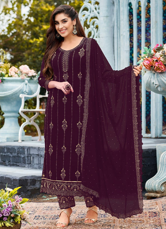 Salwar Suit Faux Georgette Purple Embroidered Salwar Kameez