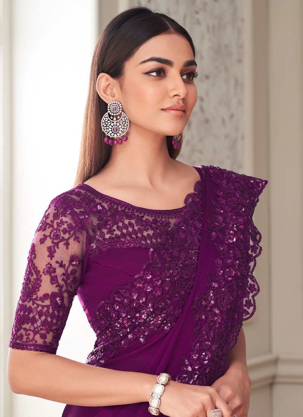 Trendy Saree Silk Purple Embroidered Saree