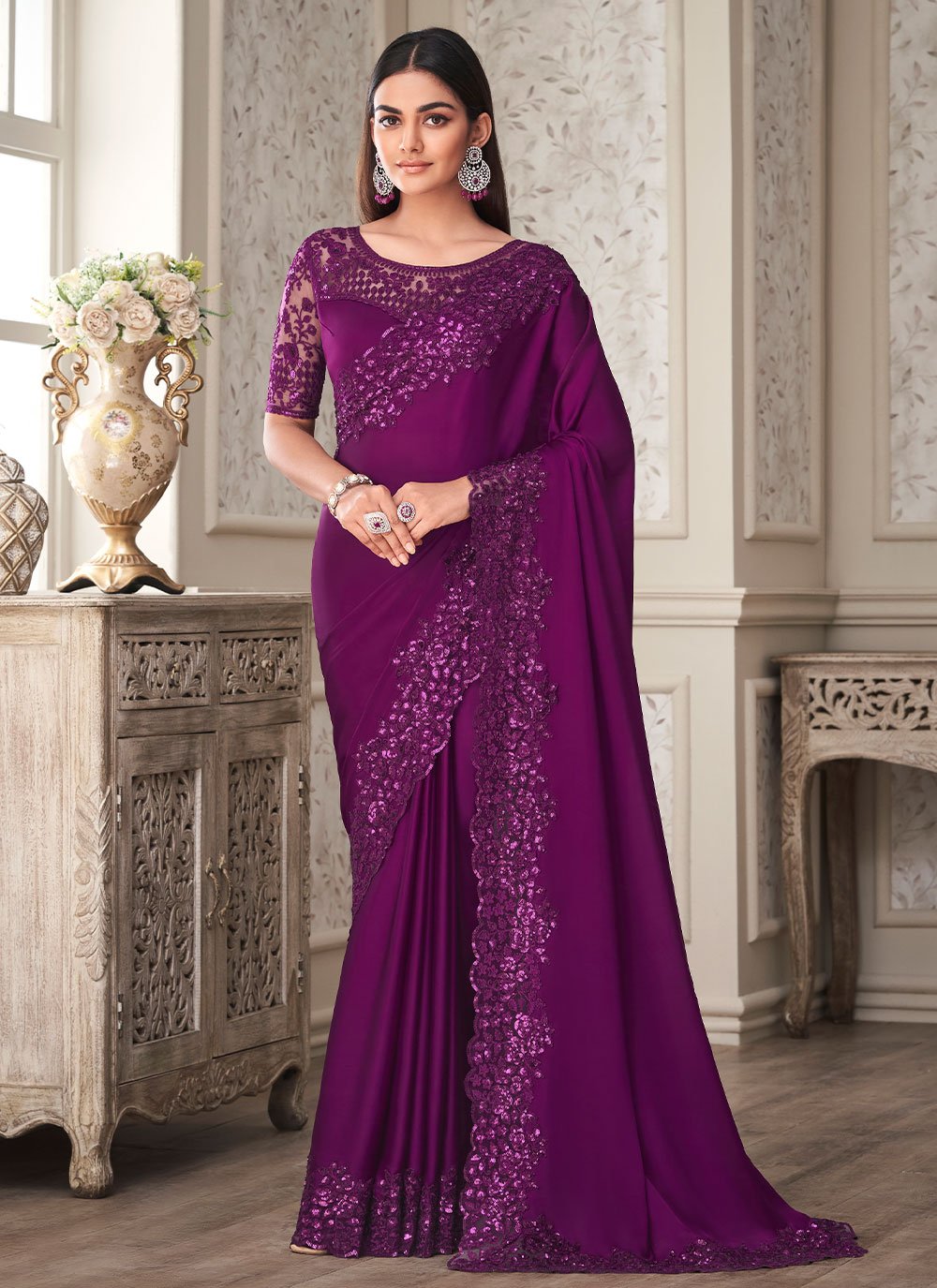 Trendy Saree Silk Purple Embroidered Saree