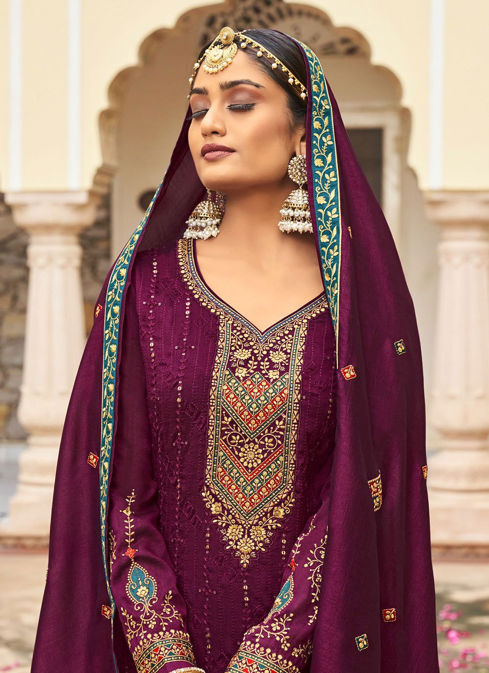 Floor Lenght Salwar Suit Vichitra Silk Purple Embroidered Salwar Kameez