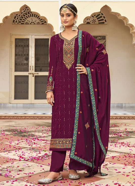 Floor Lenght Salwar Suit Vichitra Silk Purple Embroidered Salwar Kameez
