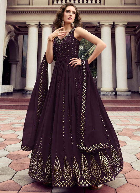 Gown Georgette Purple Embroidered Gown