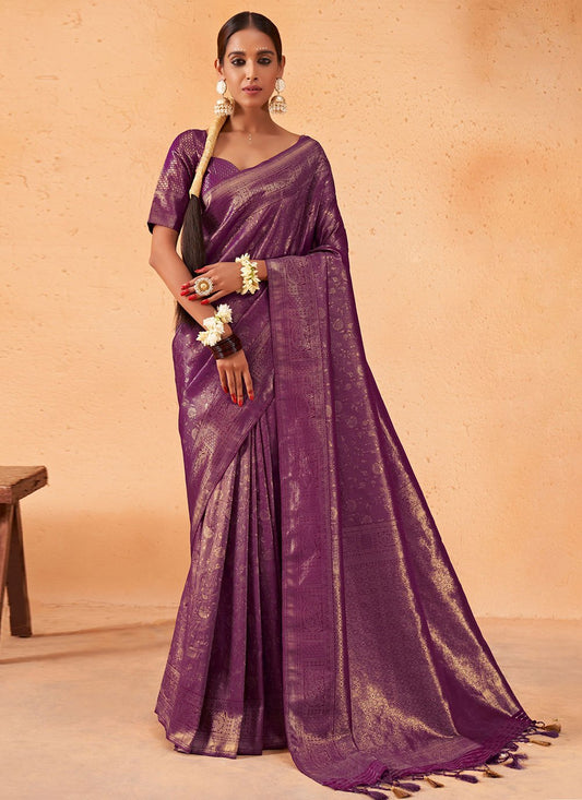 Contemporary Kanjivaram Silk Purple Weaving Saree