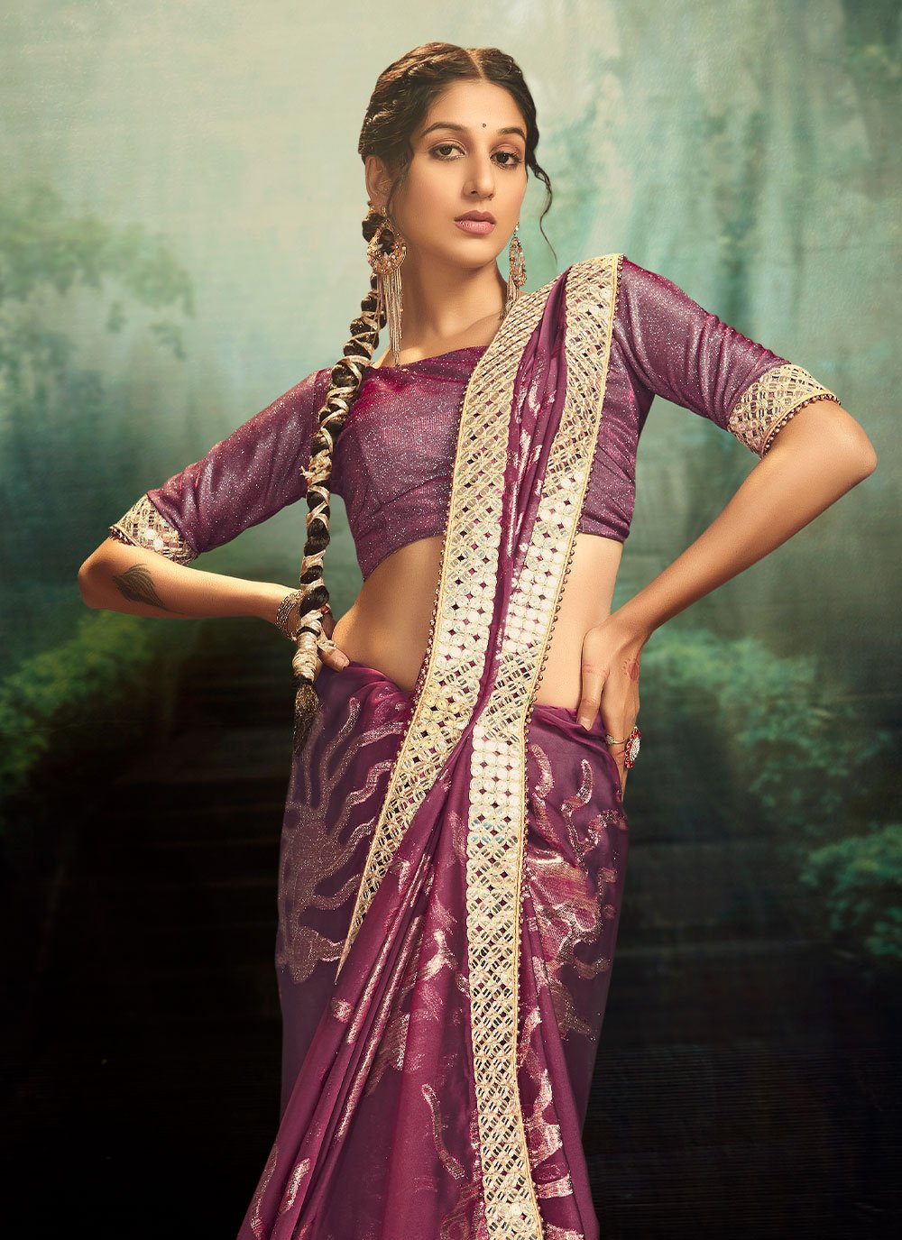 Classic Jacquard Rangoli Purple Fancy Work Saree