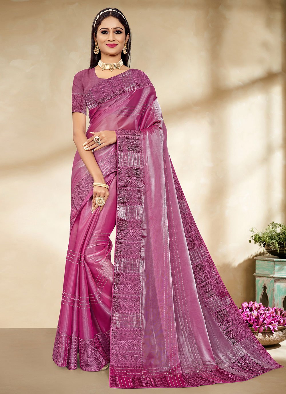 Classic Fancy Fabric Purple Patch Border Saree