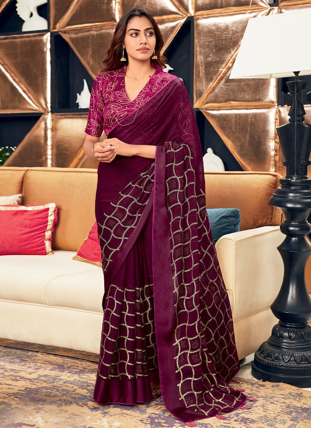 Trendy Saree Fancy Fabric Purple Foil Print Saree