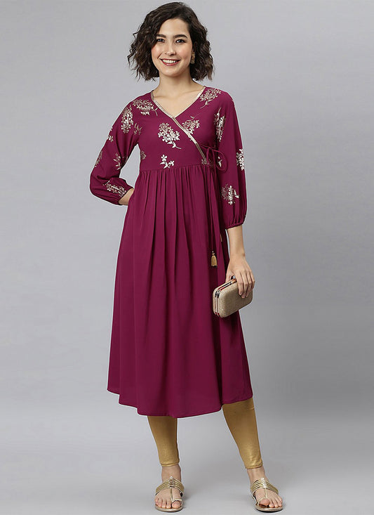 Party Wear Kurti Faux Crepe Purple Floral Patch Kurtis