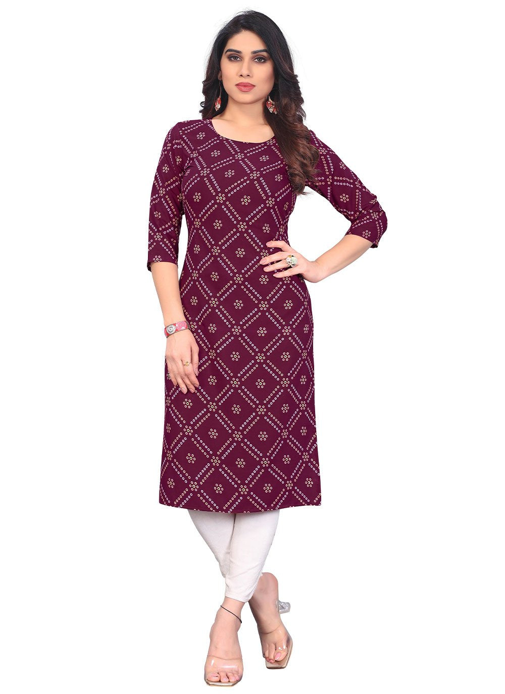 Designer Kurti Faux Crepe Purple Print Kurtis