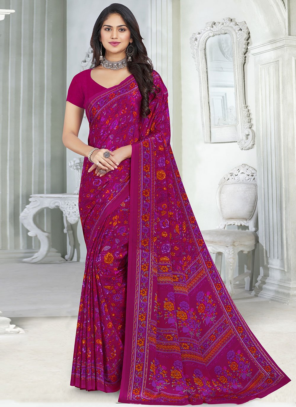 Classic Faux Crepe Purple Print Saree