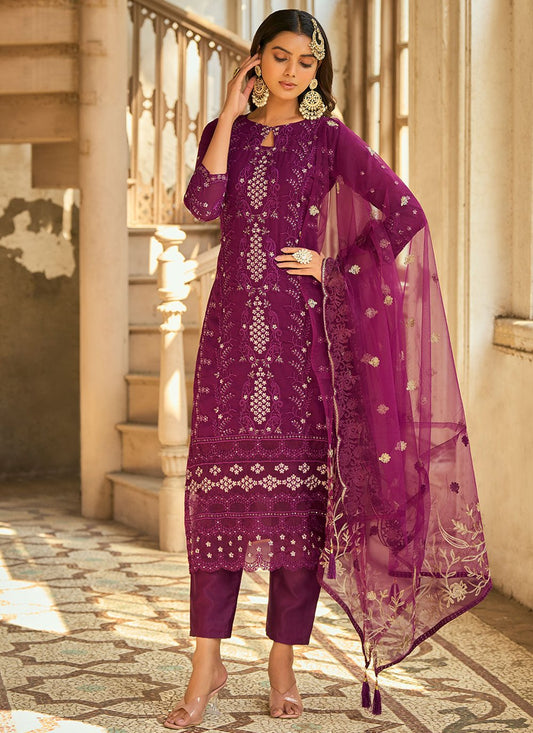 Salwar Suit Faux Georgette Purple Embroidered Salwar Kameez