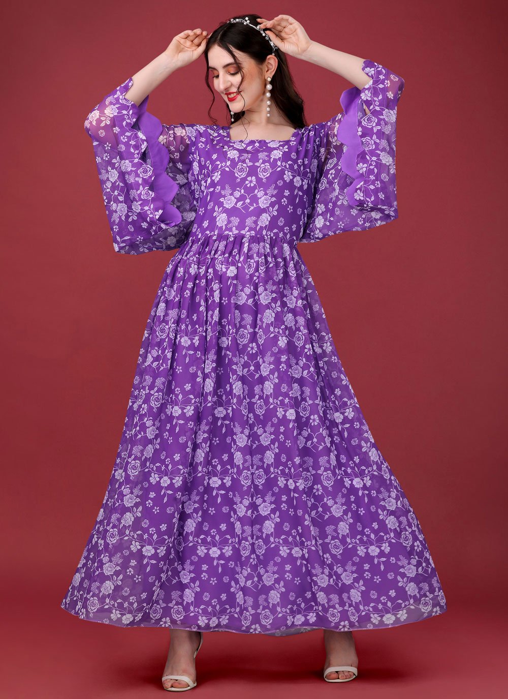 Gown Faux Georgette Purple Digital Print Gown