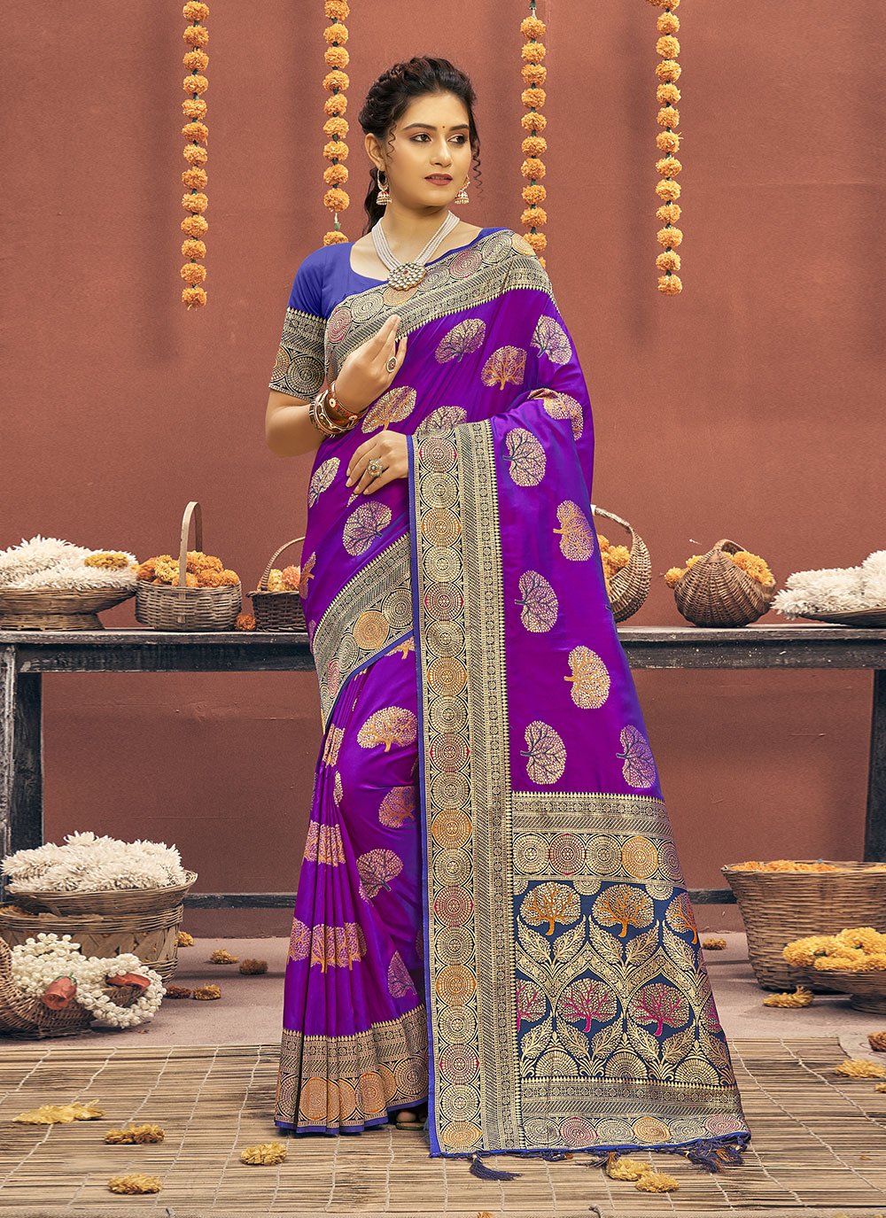 Classic Banarasi Silk Purple Embroidered Saree