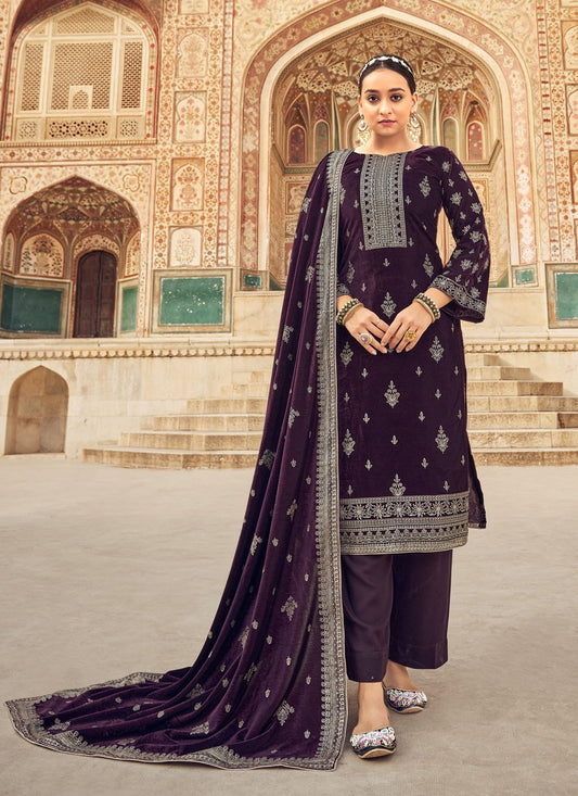 Palazzo Salwar Suit Velvet Purple Embroidered Salwar Kameez