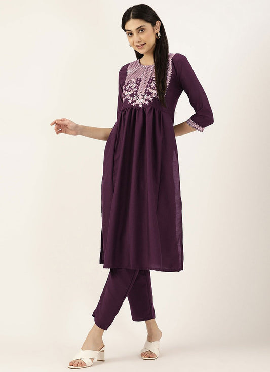 Designer Kurti Cotton Polyester Purple Embroidered Kurtis