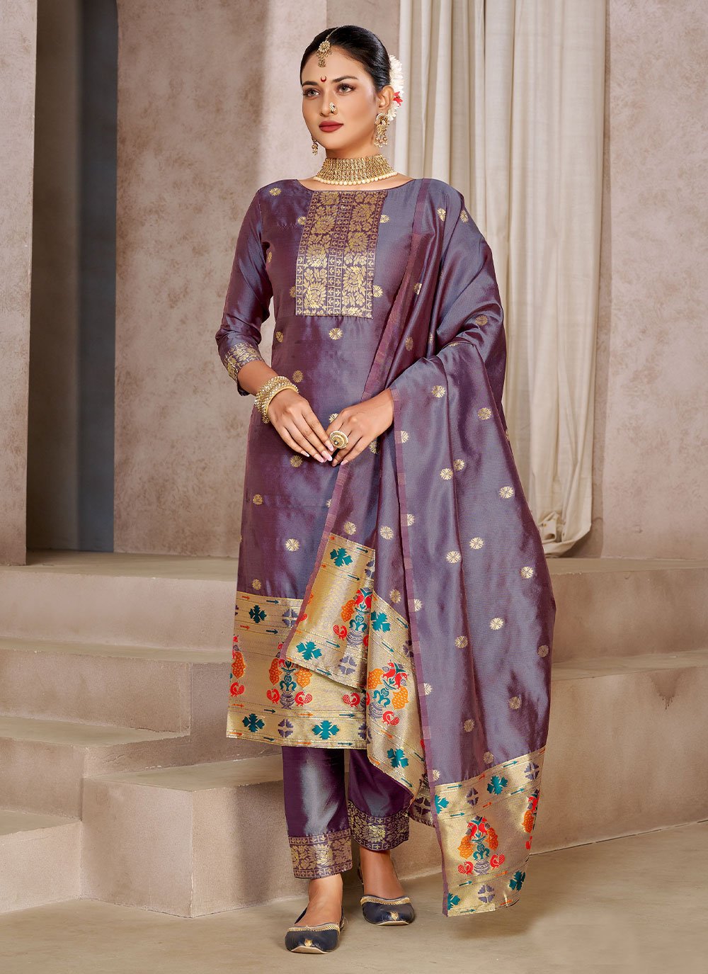 Salwar Suit Tafeta Silk Purple Jacquard Work Salwar Kameez