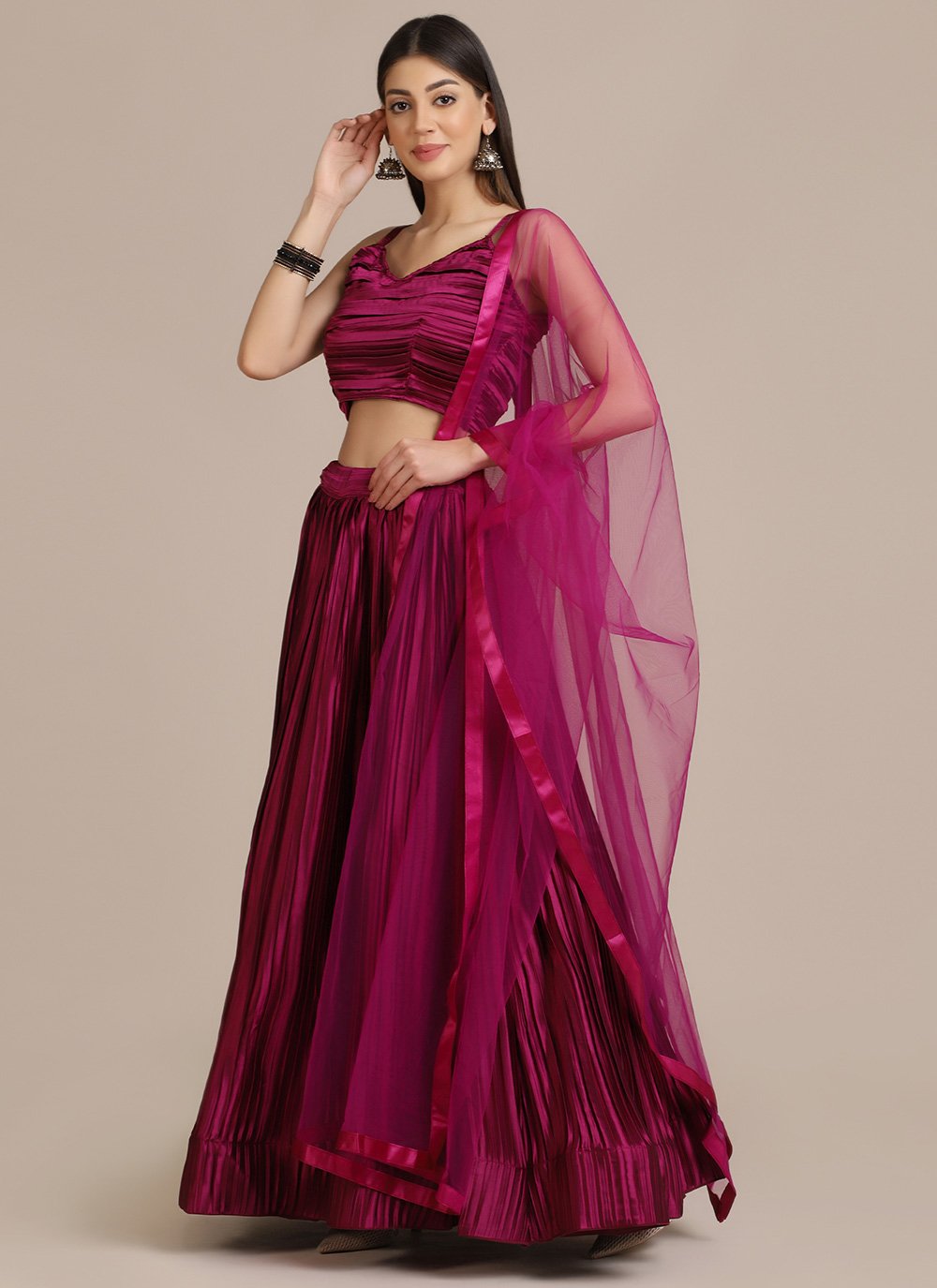 Lehenga Choli Satin Silk Purple Plain Lehenga Choli