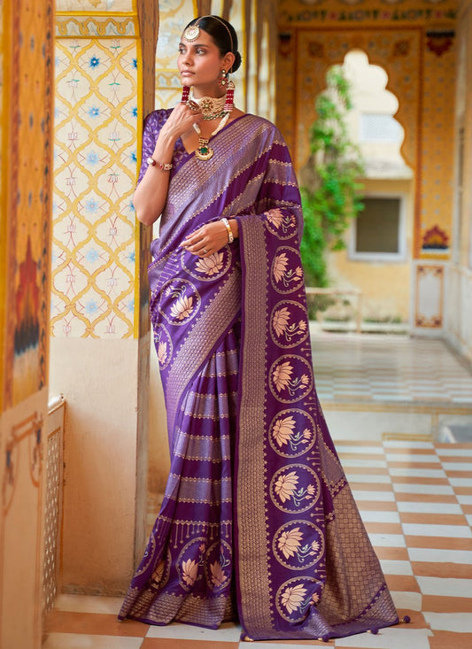 Classic Silk Purple Foil Print Saree