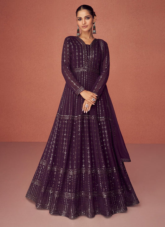 Anarkali Suit Georgette Purple Embroidered Salwar Kameez