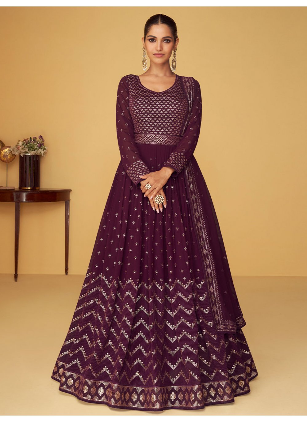 Anarkali Suit Georgette Purple Embroidered Salwar Kameez