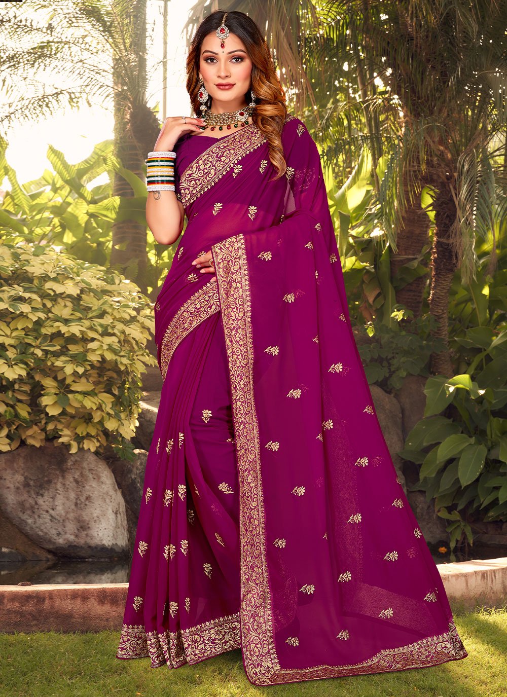 Classic Georgette Purple Embroidered Saree