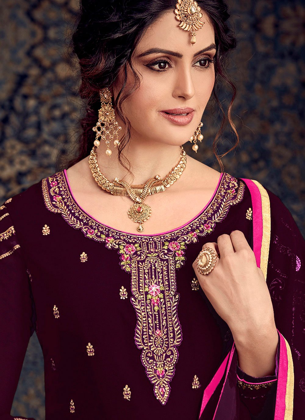 Pant Style Suit Georgette Purple Embroidered Salwar Kameez