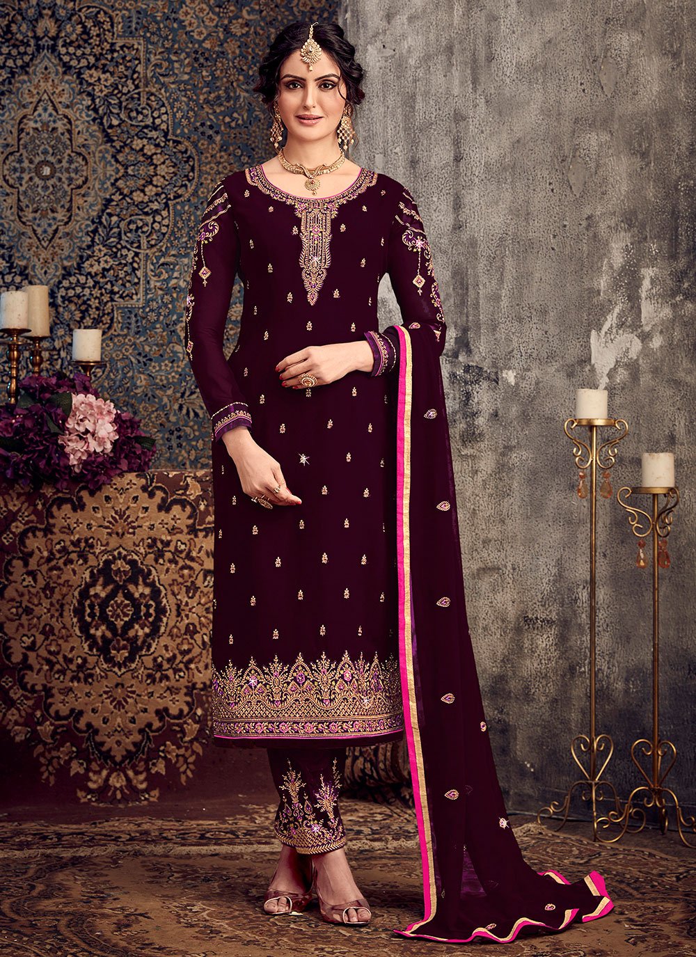 Pant Style Suit Georgette Purple Embroidered Salwar Kameez