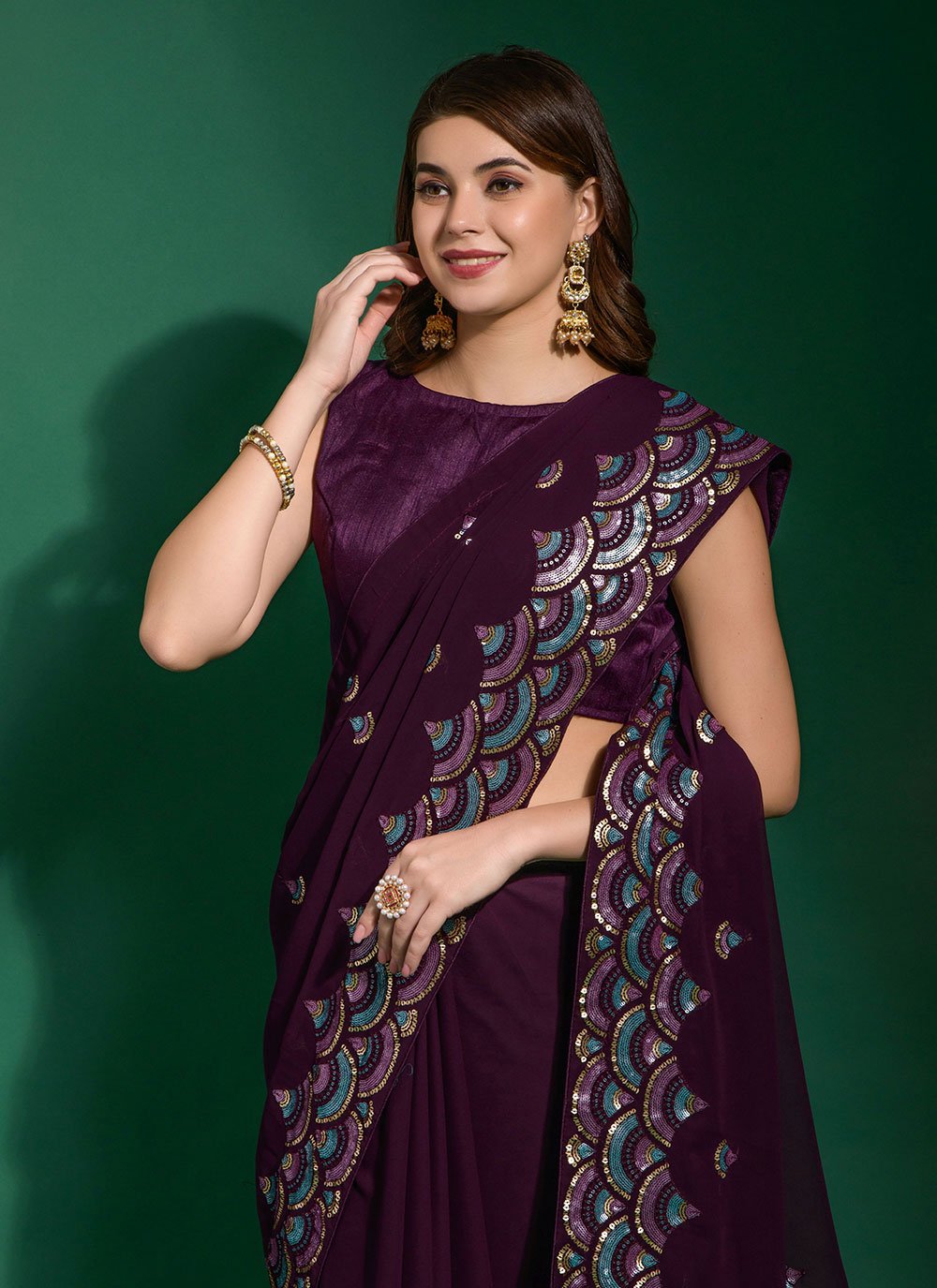 Trendy Saree Georgette Purple Embroidered Saree