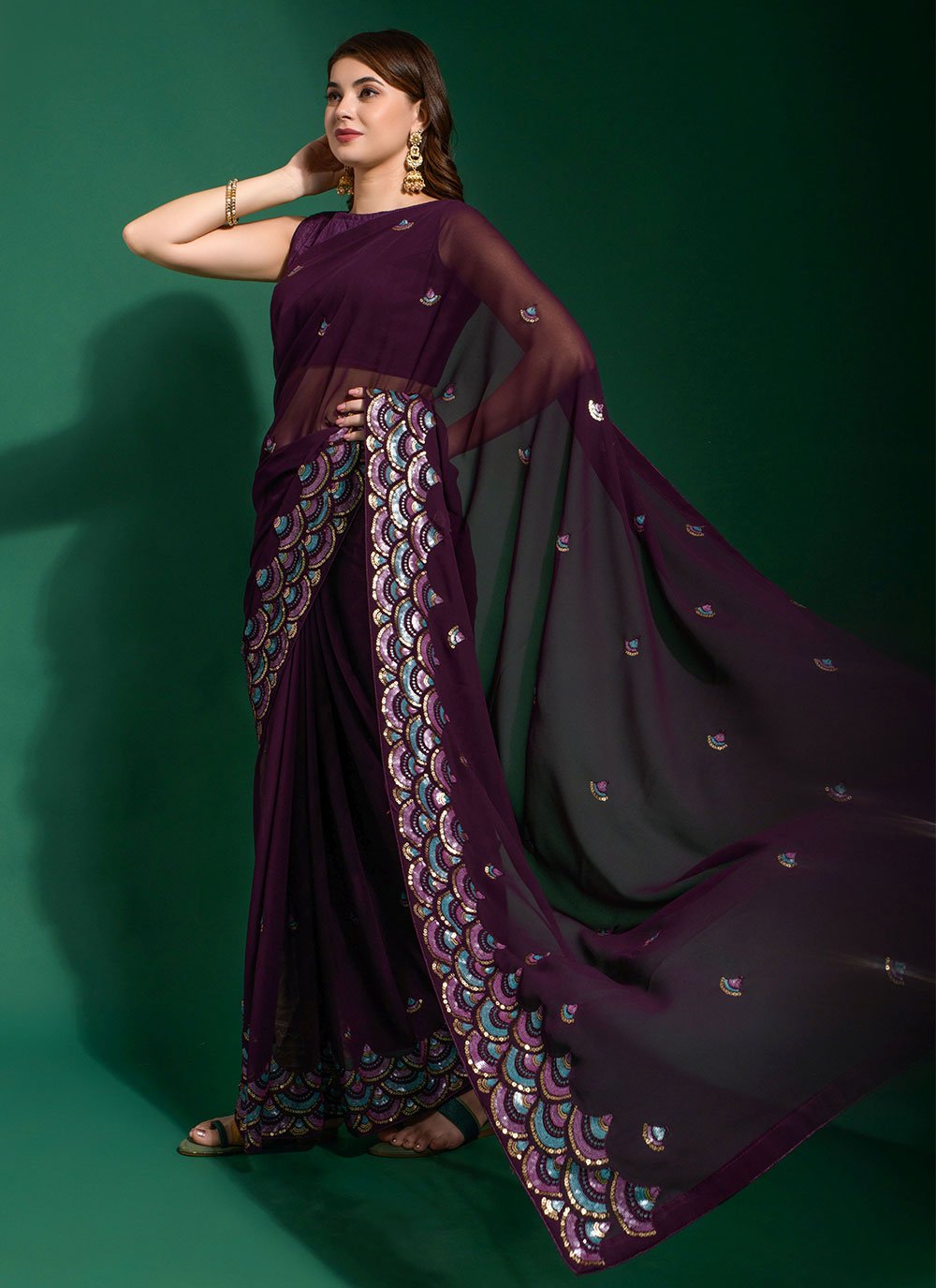 Trendy Saree Georgette Purple Embroidered Saree